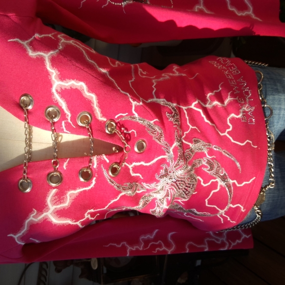 VANCE BIKERWEAR ♡ Pink L|S Spiders|Volts Graphics Studs|Rhinestones|Chains Top S - Picture 16 of 17